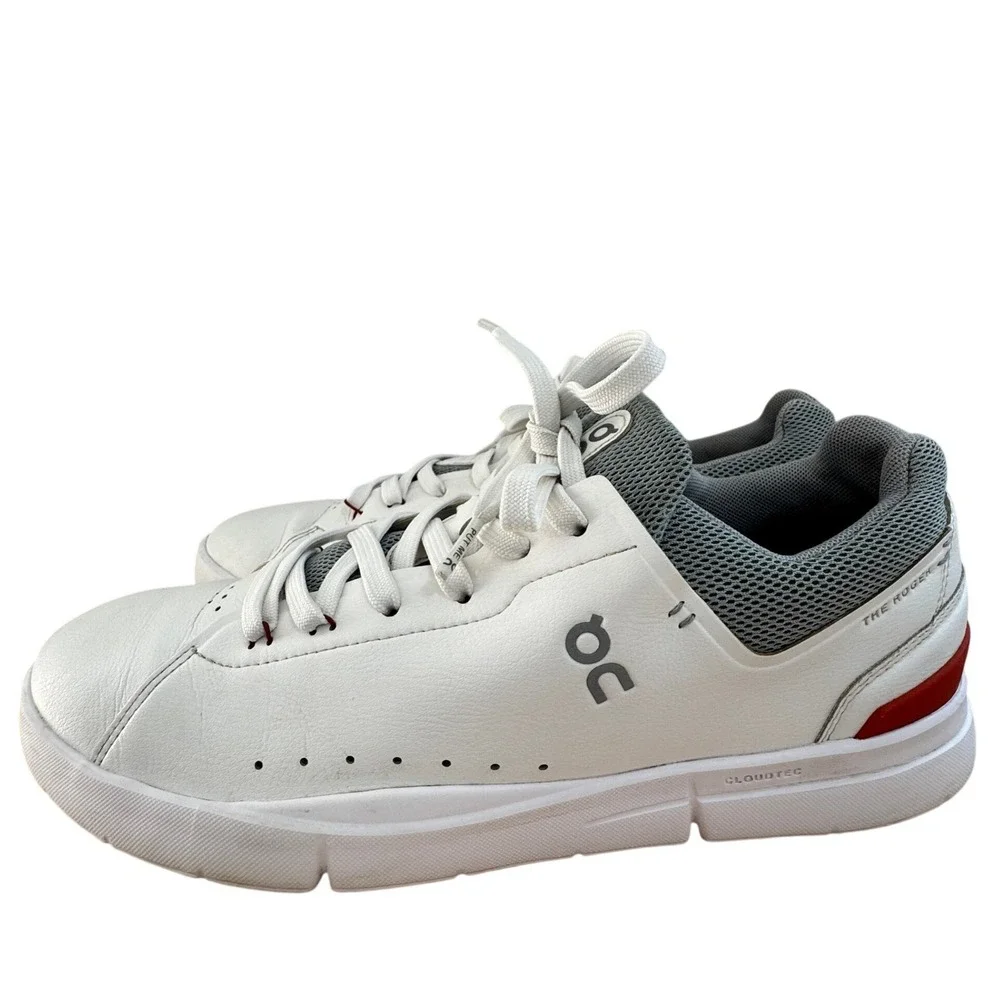 On Running The Roger Advantage Mens 10.5 White Grey Red Vegan Leather Sneakers